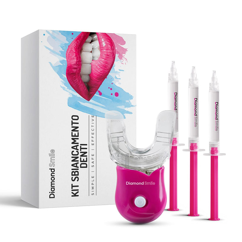 Un set di sbiancamento dentale Diamond Smile per sbiancare i denti a casa, confezionato su uno sfondo bianco.