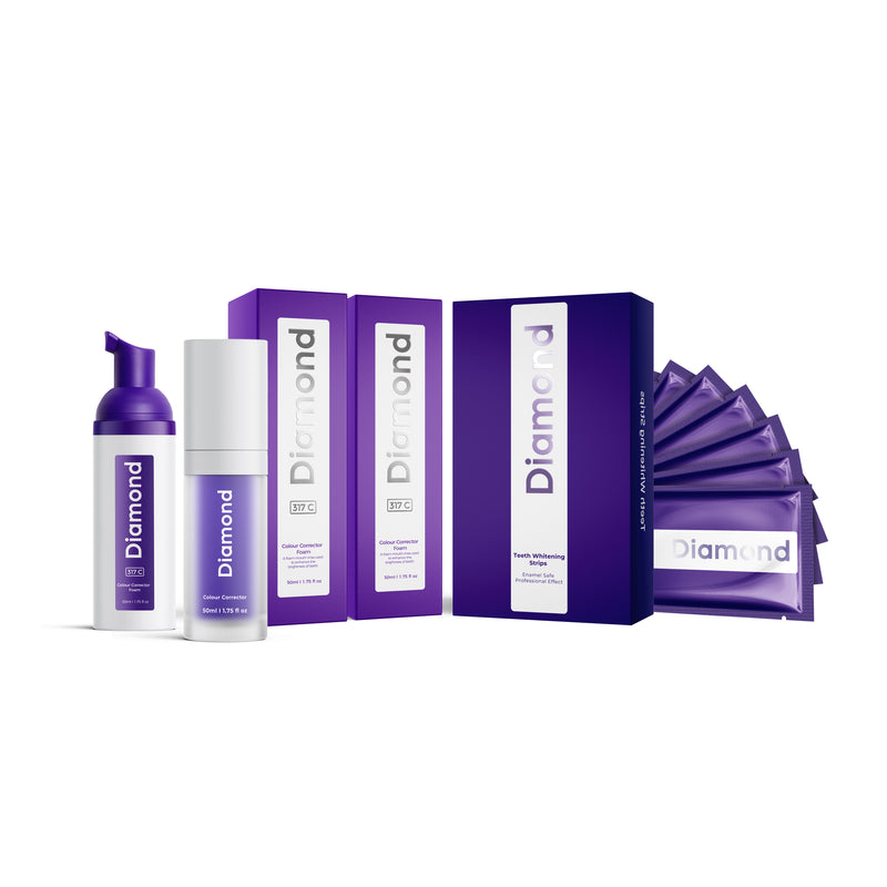 Siero sbiancante per denti Purple Diamond Smile con strisce bianche e schiuma sbiancante per denti