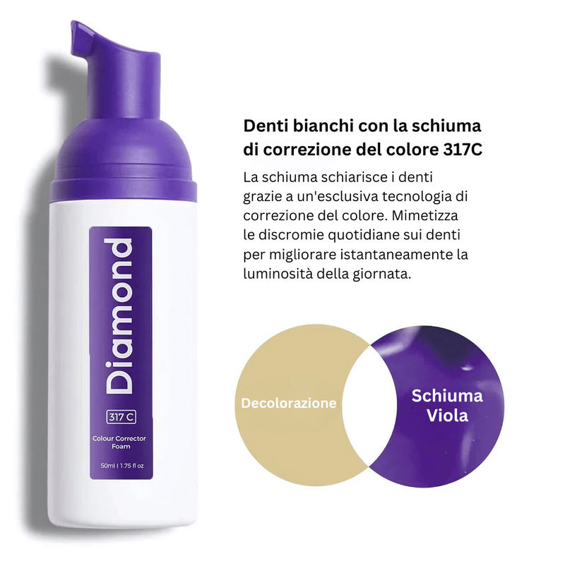 Diamond Smile schiuma sbiancante per denti viola con effetto e spiegazione