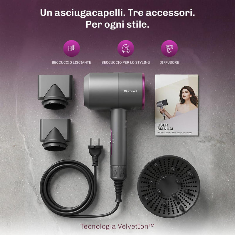 Asciugacapelli ionico AirFusion con tecnologia agli ioni per capelli più lisci, luminosi e voluminosi.