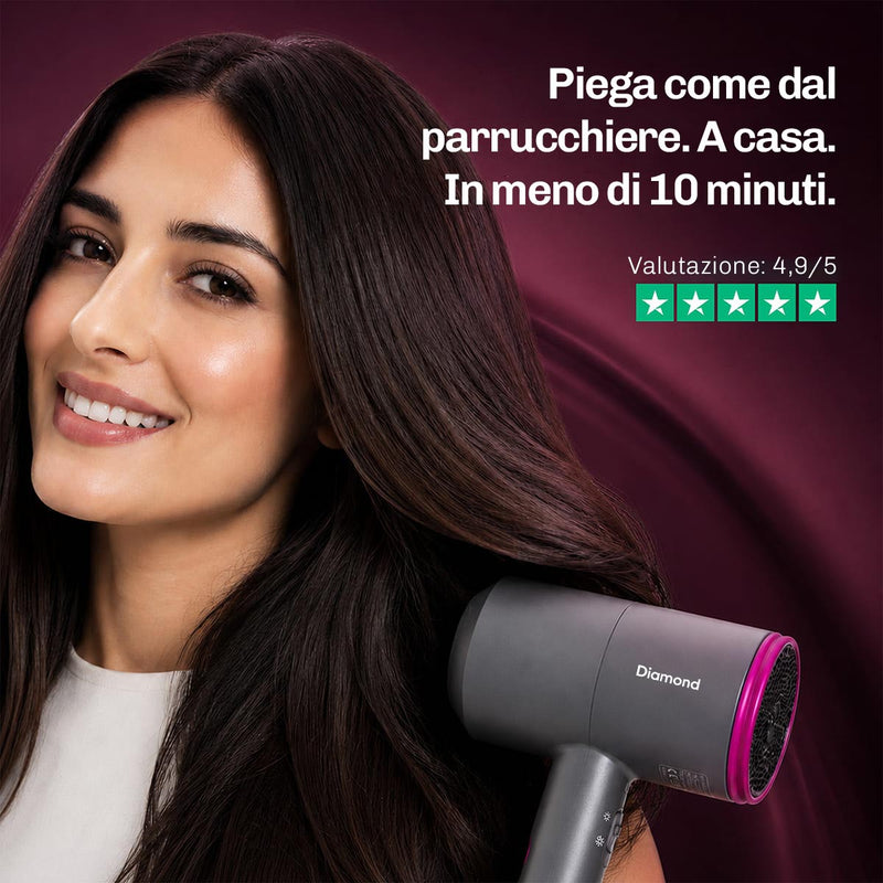 Asciugacapelli leggero dal design ergonomico per uno styling confortevole e senza fatica.