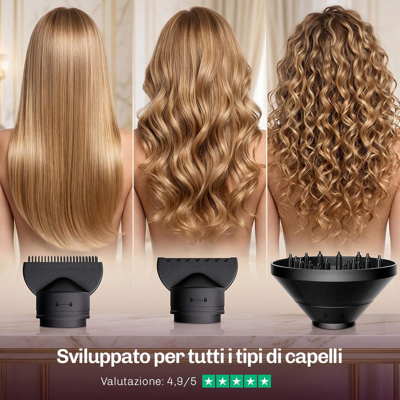 Asciugacapelli con tecnologia ionica che riduce l'effetto crespo e protegge i capelli dal calore.
