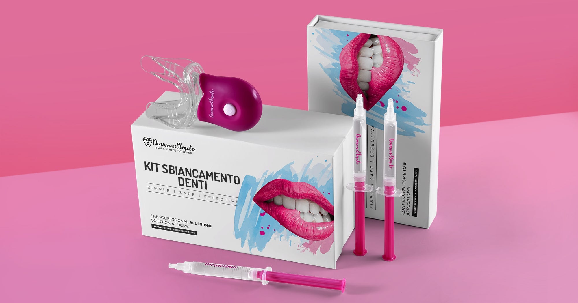 Set di sbiancamento dei denti per sbiancare i tuoi denti. Gel sbiancante per tre volte e una lampada UV. Un gel sbiancante per i denti è anche incluso nel set di sbiancamento dei denti.