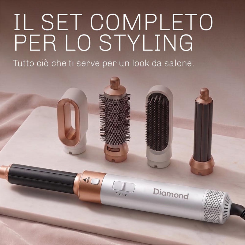 Styler per capelli 5 in 1 Diamond CloudAir con cinque accessori intercambiabili per uno styling versatile.