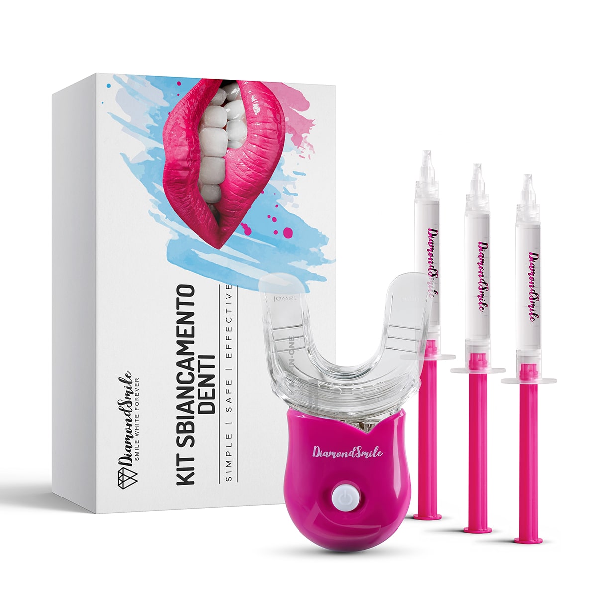 Un set di sbiancamento dentale Diamond Smile per sbiancare i denti a casa, confezionato su uno sfondo bianco.